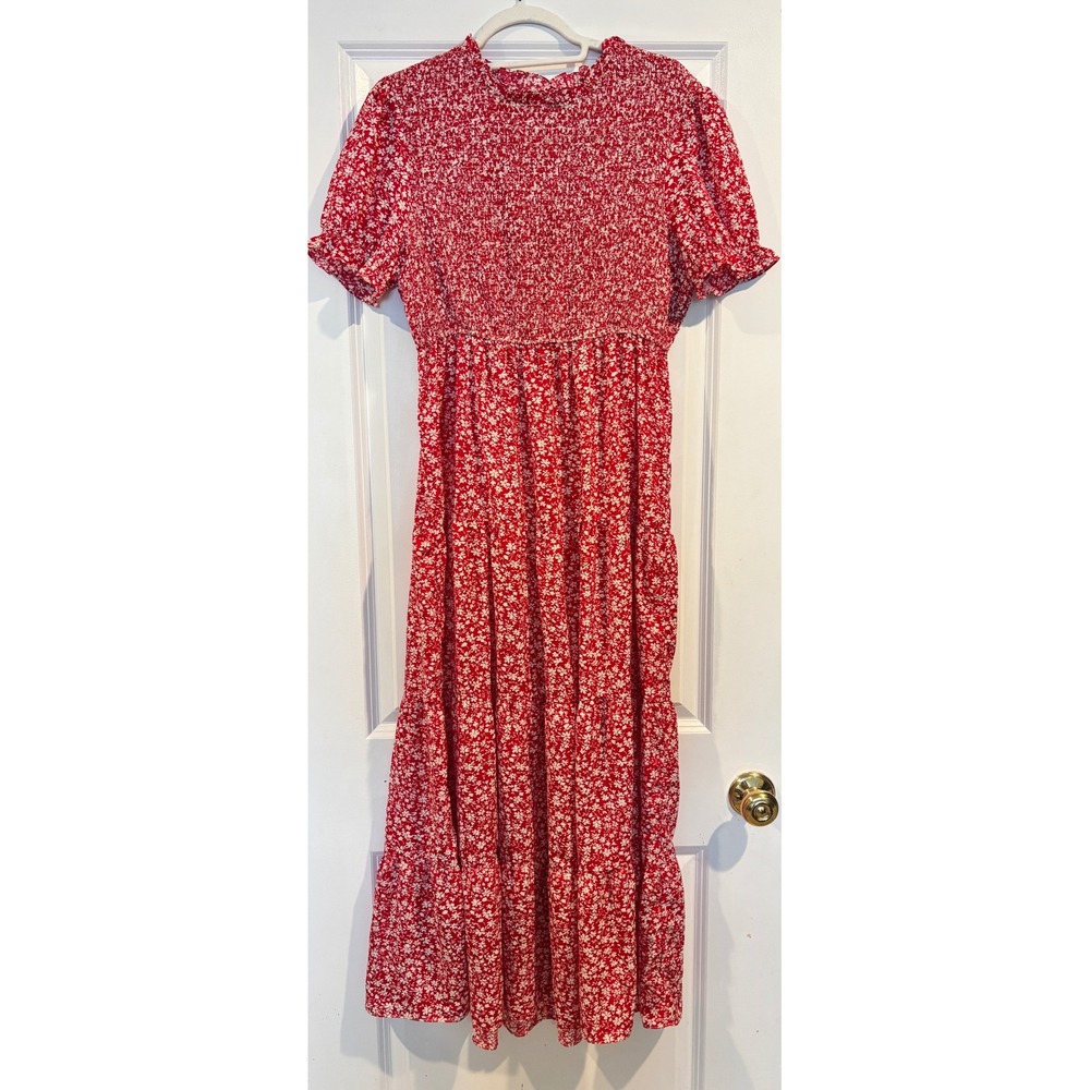 Amaryllis Red Floral Smocked Maxi Dress Short Puff Sleeve Tiered L Cottage core